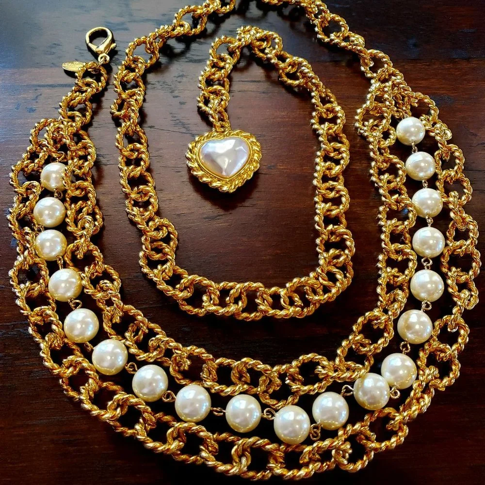 Vintage CAROLEE Runway Pearl Gold Rope Chain Statement Backless Dress Necklace